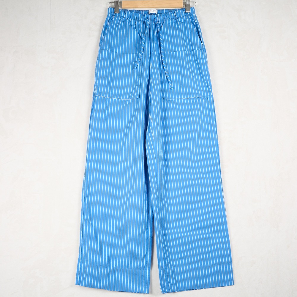 Babaton Aritzia Blue White Striped Wide Leg Cotton Pants Drawstring 124890